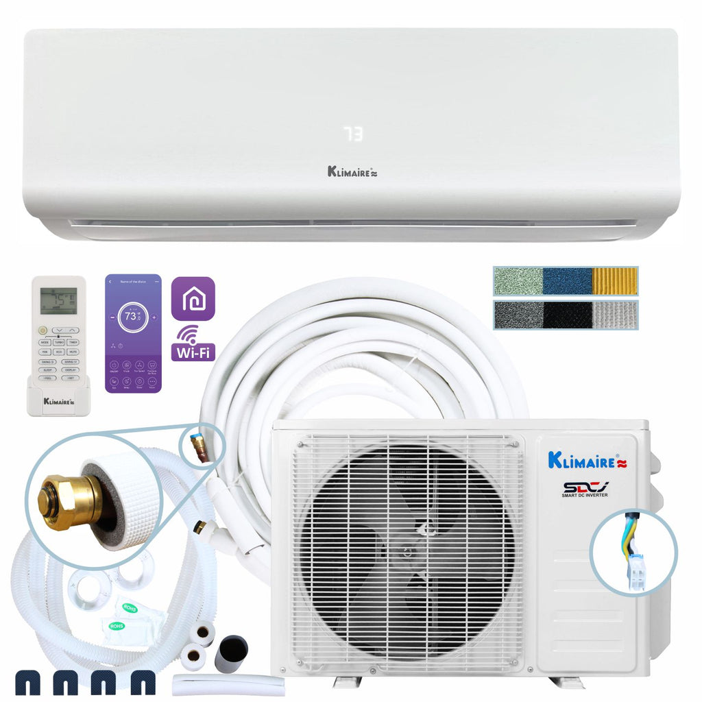 Klimaire KIWQ-KOIQ DIY Series — Do-It-Yourself High Wall-Mounted Mini Split Heat Pump Air Conditioner with E-Z Kuick Connect™ Installation Kit (5th Generation)