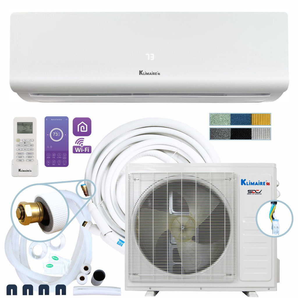 Klimaire KIWQ-KOIQ DIY Series — Do-It-Yourself High Wall-Mounted Mini Split Heat Pump Air Conditioner with E-Z Kuick Connect™ Installation Kit (5th Generation)